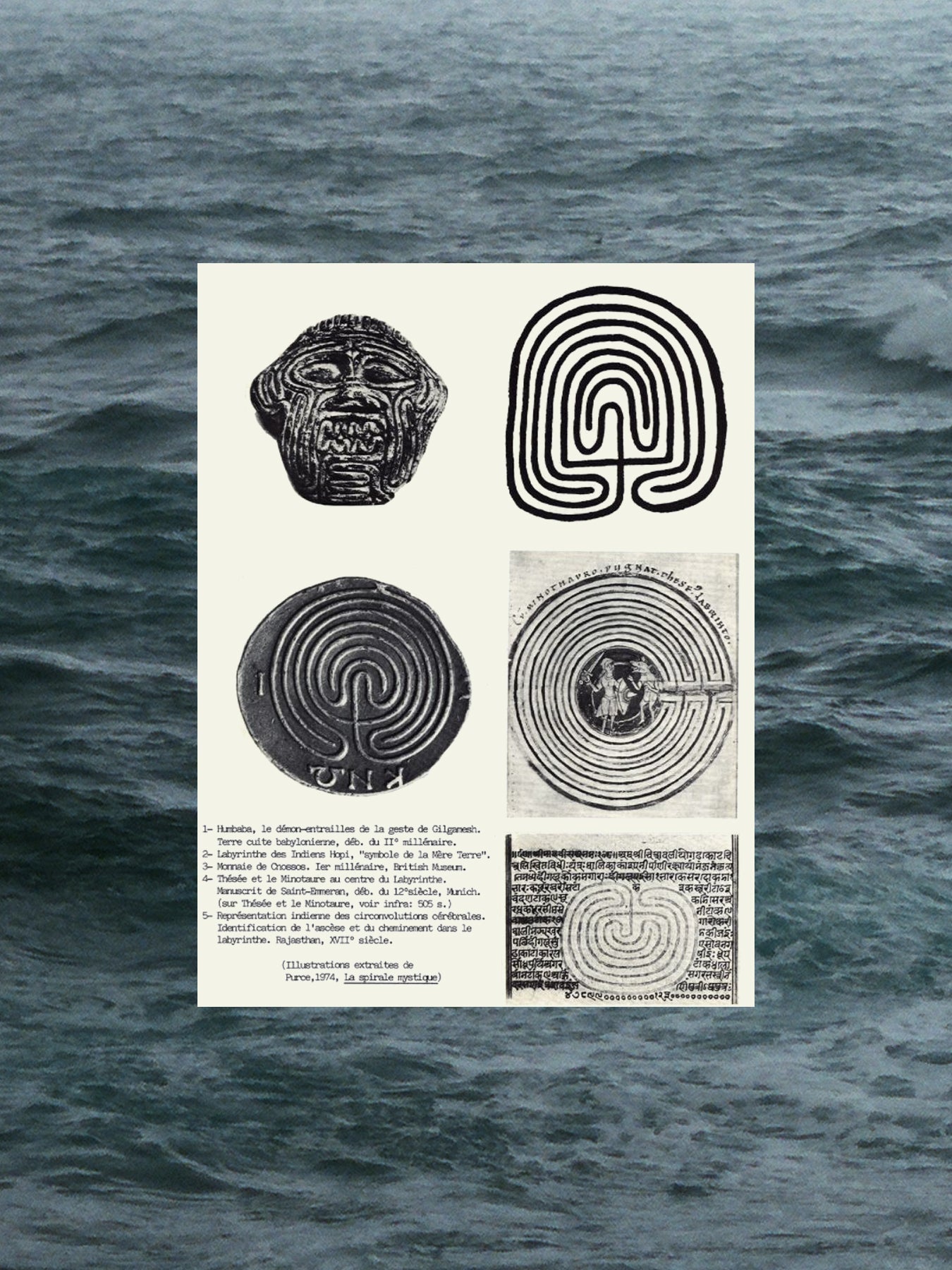 Illustrations of a face, labyrinth, and other symbols on a white background with ocean waves in the background.