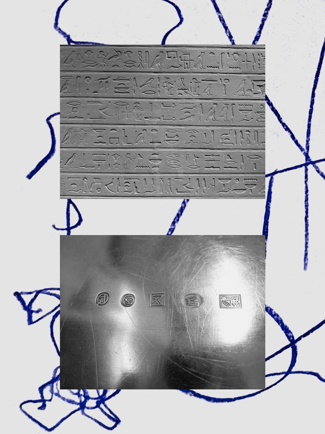 Collage of engraved patterns on a textured surface with abstract blue lines.