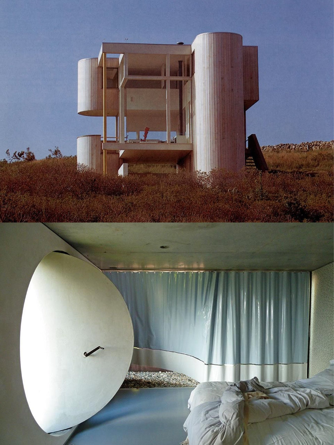 Modern architectural design with a unique building structure and interior bedroom view.