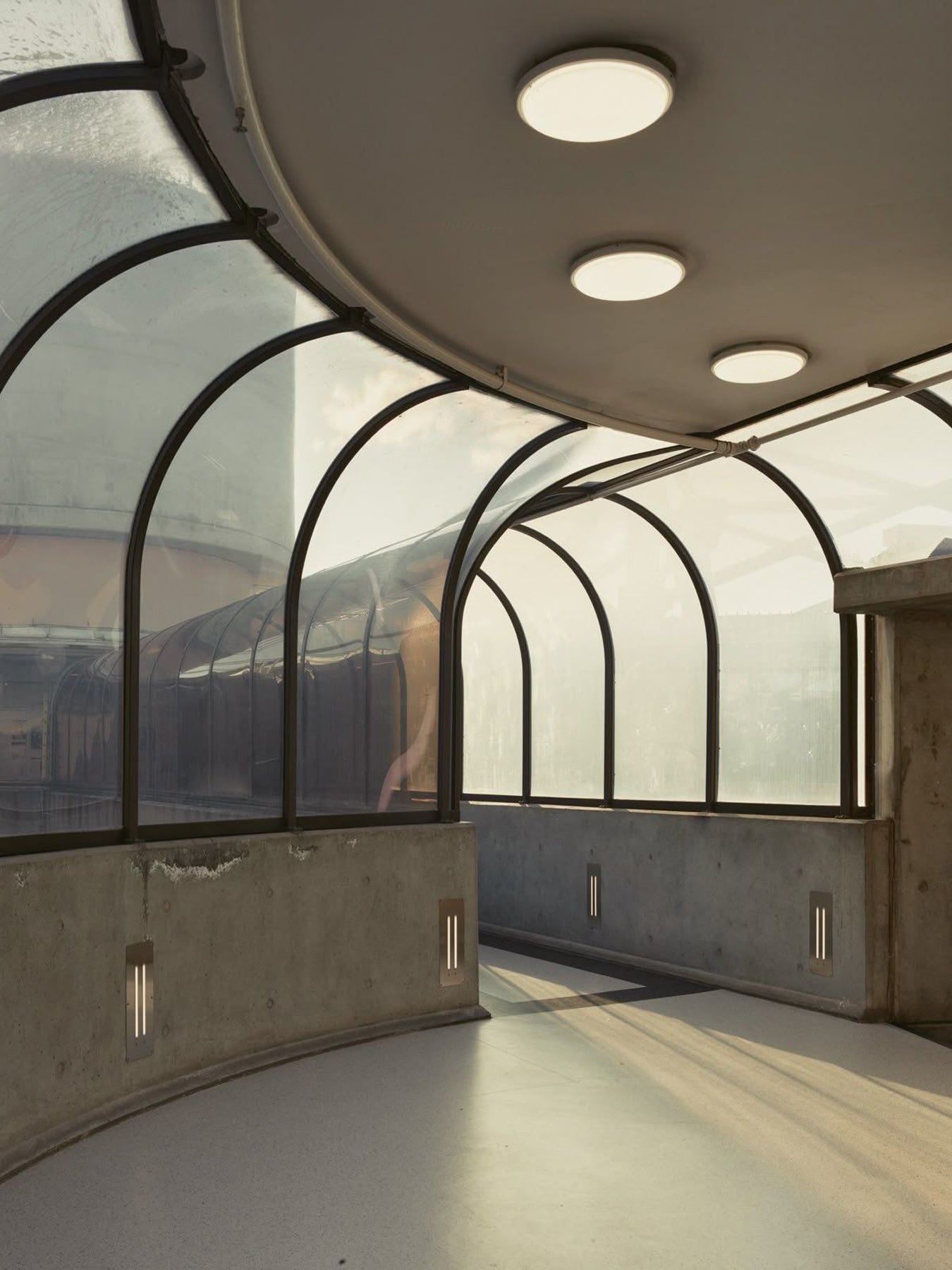 Modern architectural interior with curved glass walls and ceiling lights.