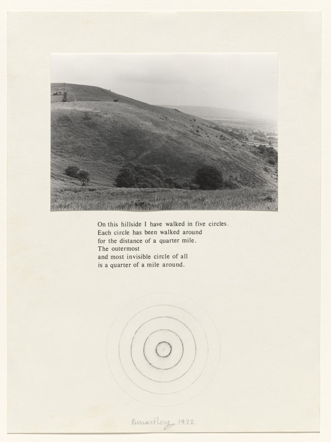 Black and white photograph of a hillside with text overlay on a beige border